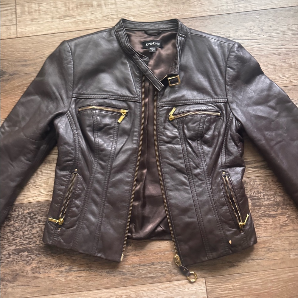 Bebe Dark Brown Leather Jacket with Gold Zipper